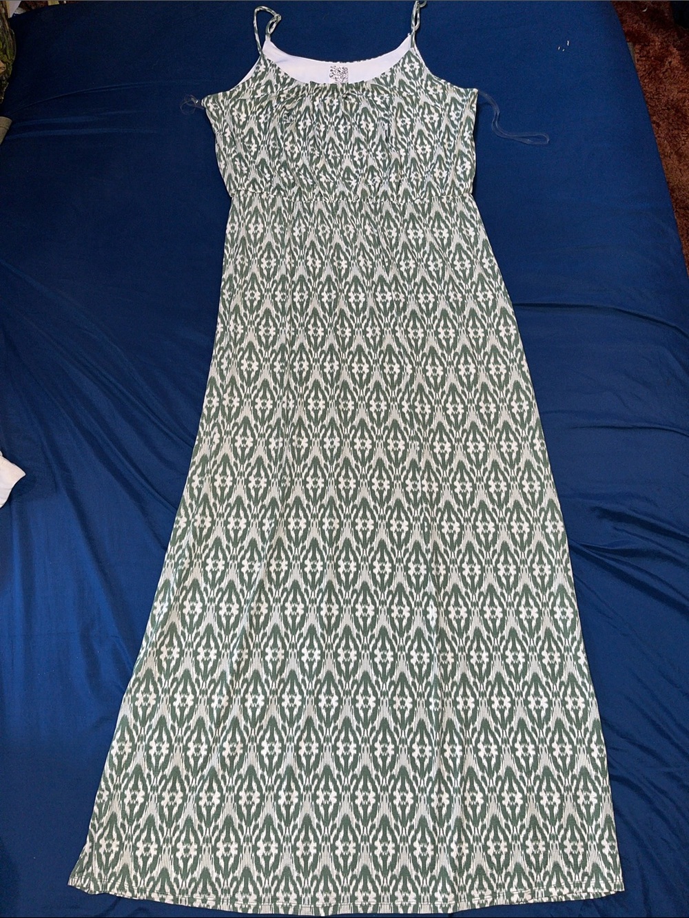 NAIF Green and White Patterned Spaghetti-Strap Maxi Dress